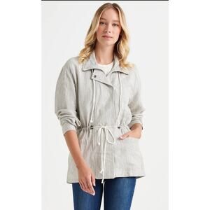 Lucky Brand Women’s Large Blue Striped Utility Jacket 100% Linen Preppy Gorpcore